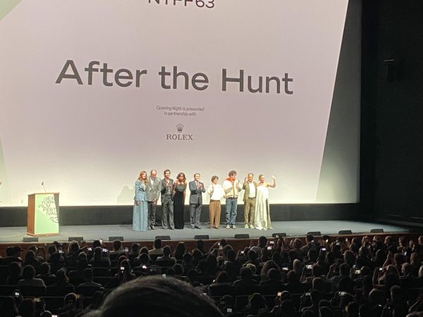 Pictured from left: Julia Roberts, Luca Guadagnino, Andrew Garfield, Ayo Edebiri, Michael Stuhlbarg, Lio Mehiel, Will Price, David Leiber, Nora Garett present After the Hunt at opening night of NYFF.