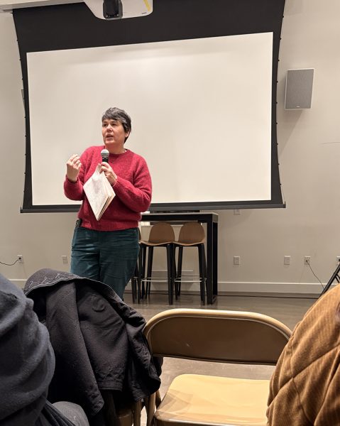 To kick off the event, Erin Greenwell, Associate Professor of Communication Arts and Ferraro Fellow in Prison Education, shares some words in introducing the festival. Greenwell also read from an article from a 2015 edition of The Monitor. The article, written by a former BHCP student, inspired Tami Eldridge’s commencement speech, which was screened at the start of the event.